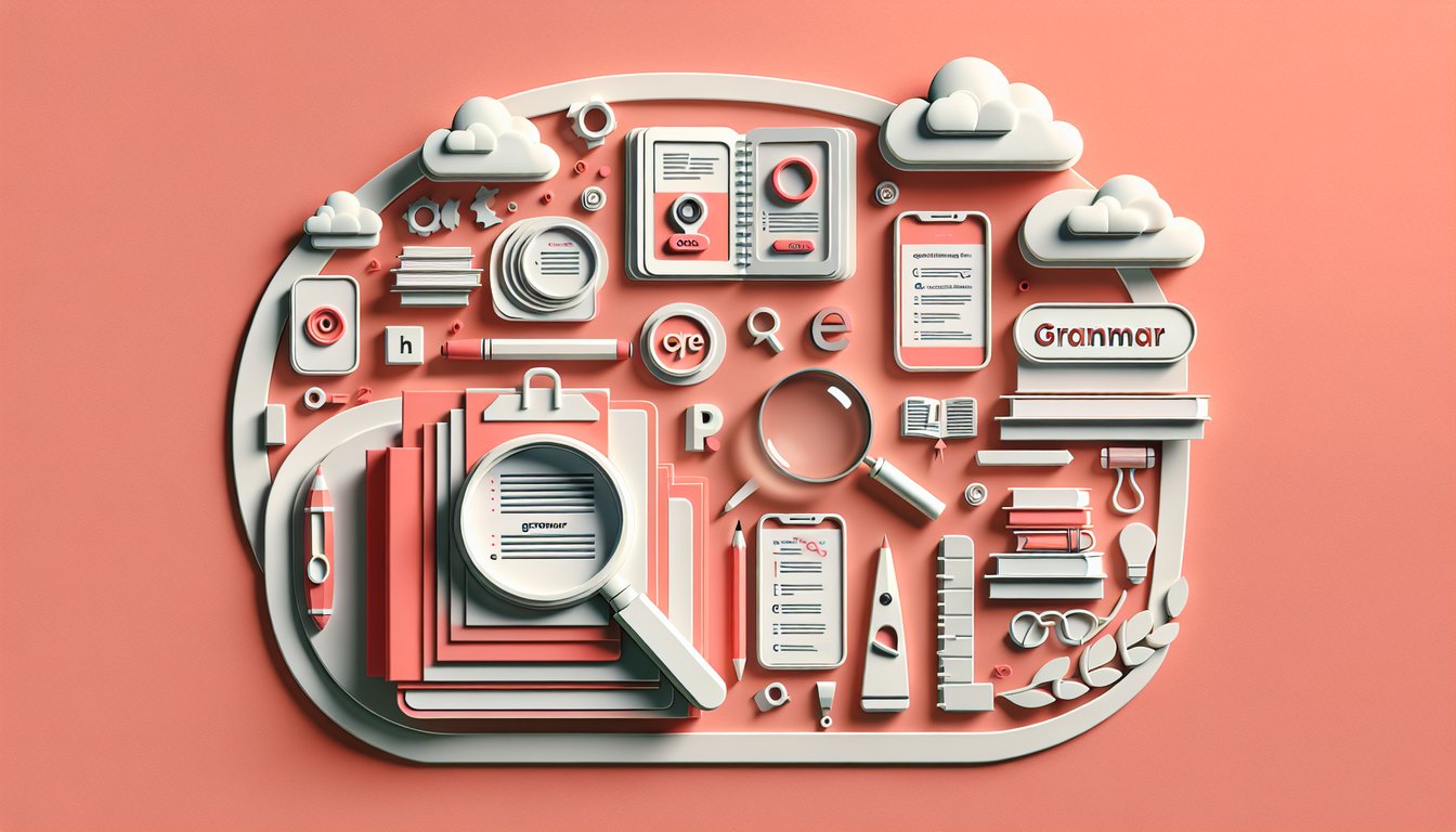 Paper art illustration for a free grammar skills quiz with fill in the blanks questions on a coral background.