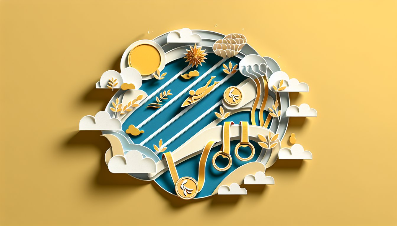 Paper art portrait of Paralympic champion Erin Popovich surrounded by medal icons and quiz text on golden yellow background