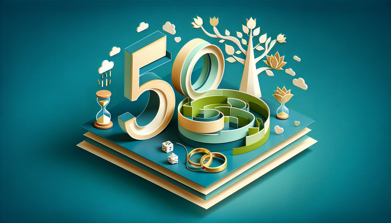 Paper art style gold 50, ribbons, confetti on teal background for Robert and Mae anniversary quiz