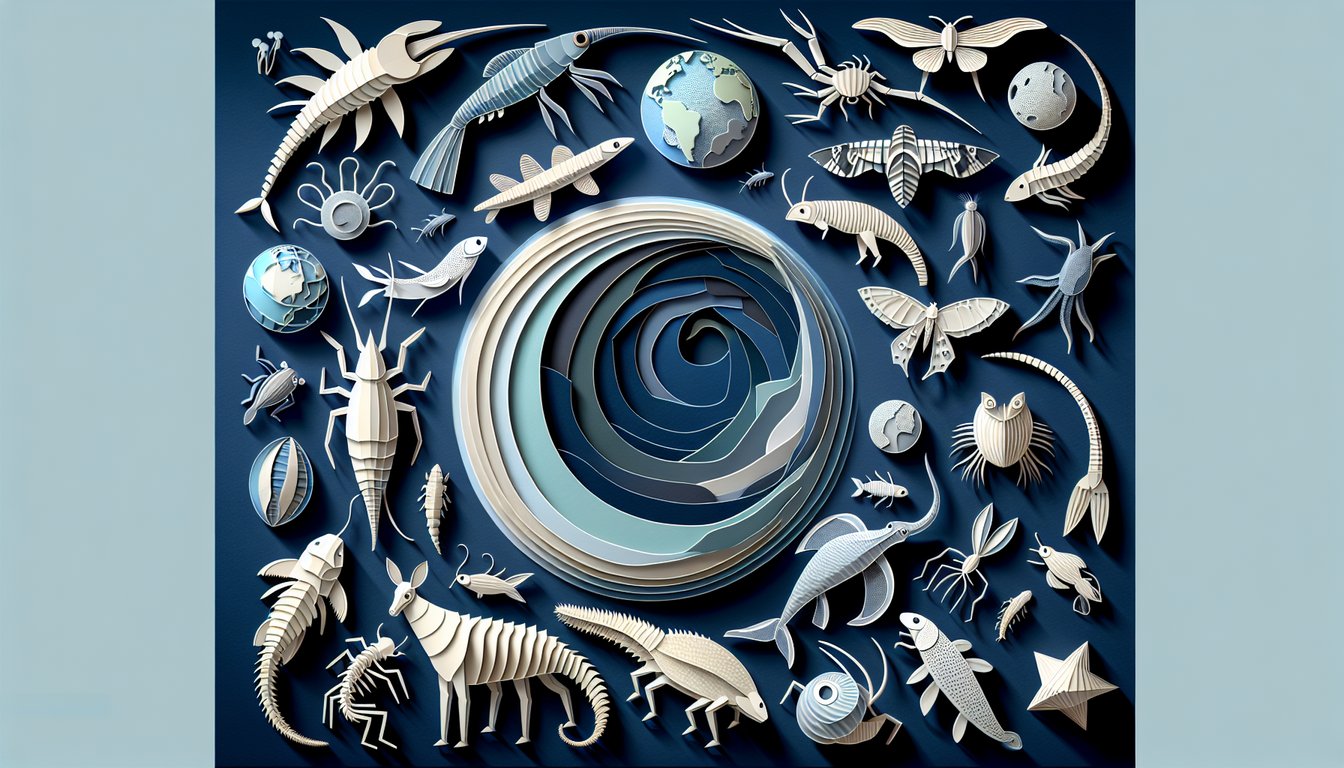 Paper art illustration showing taxonomy quiz elements such as species leaf DNA icons on dark blue background.