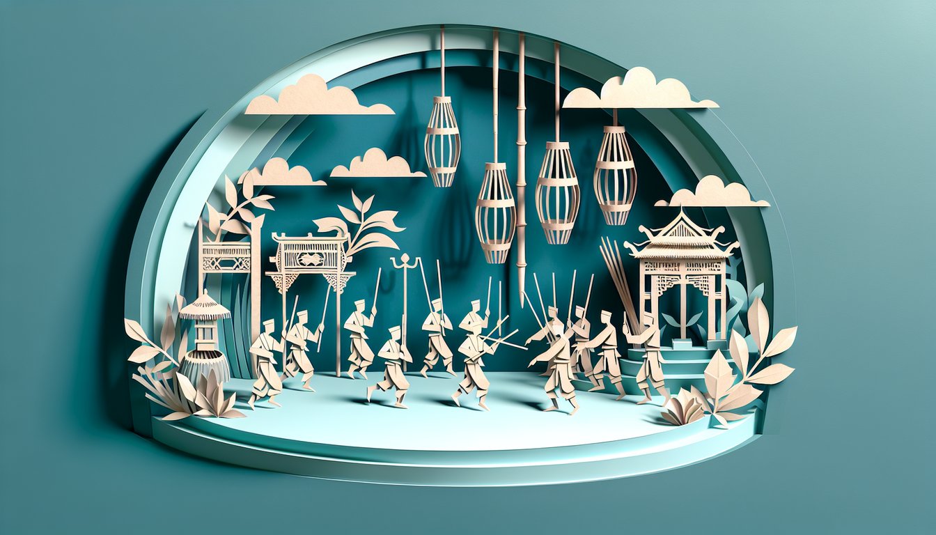 Paper art Tinikling illustration, bamboo poles and dancers on teal background for free scored quiz on dance history