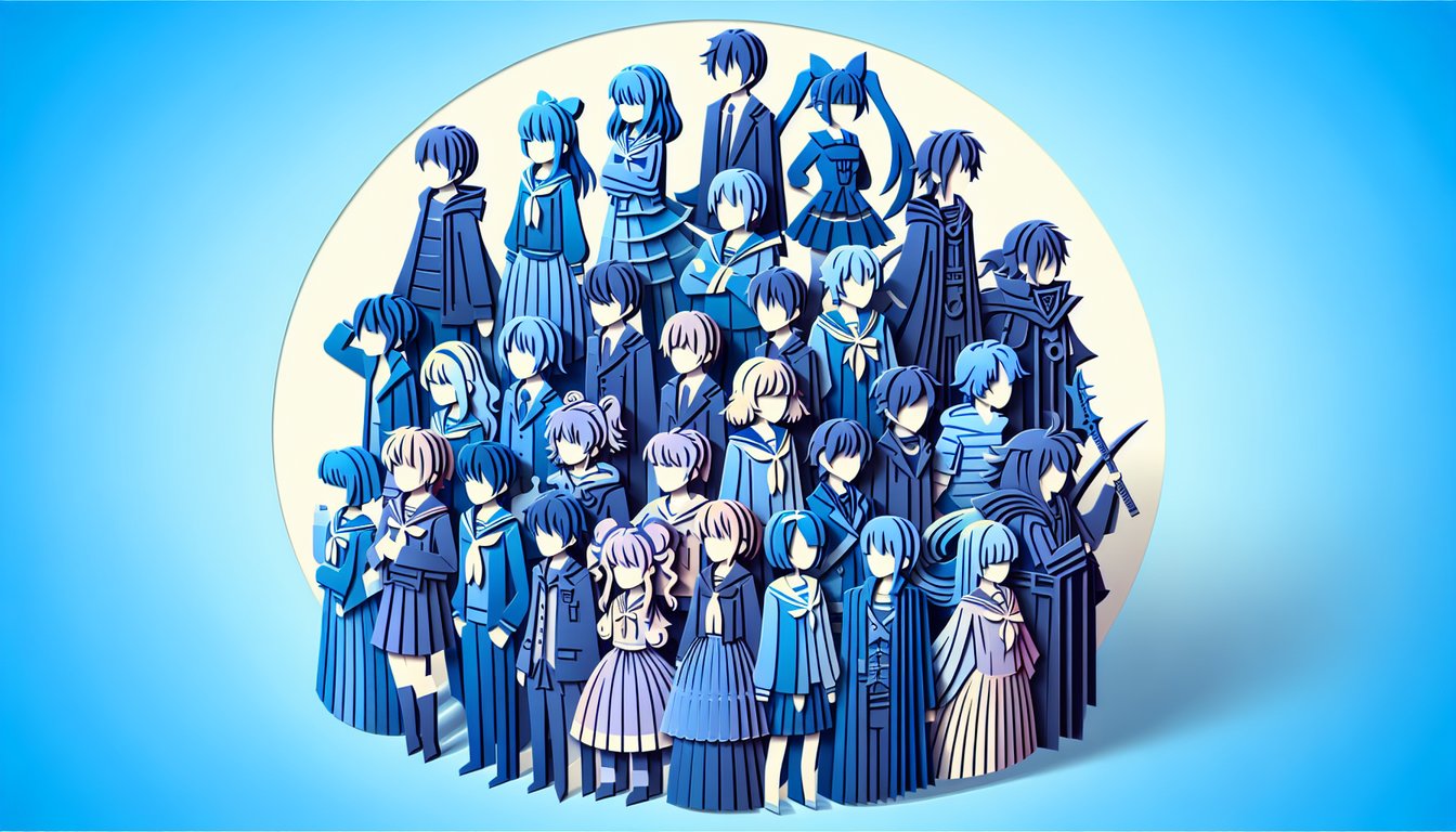 Paper art illustration of anime style characters with pastel eggs on sky blue background for free character quiz