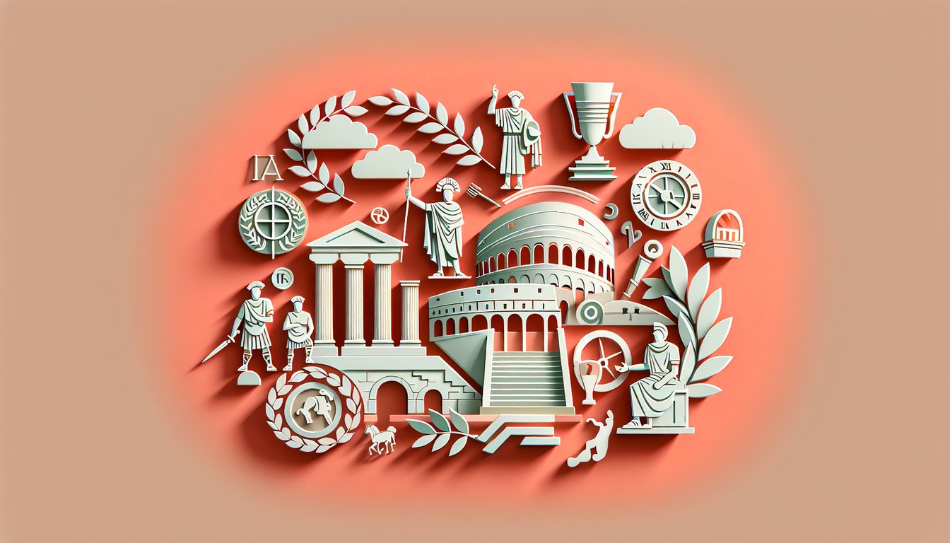 Paper art illustration featuring Roman columns and a laurel wreath with ancient Rome quiz title on coral background.