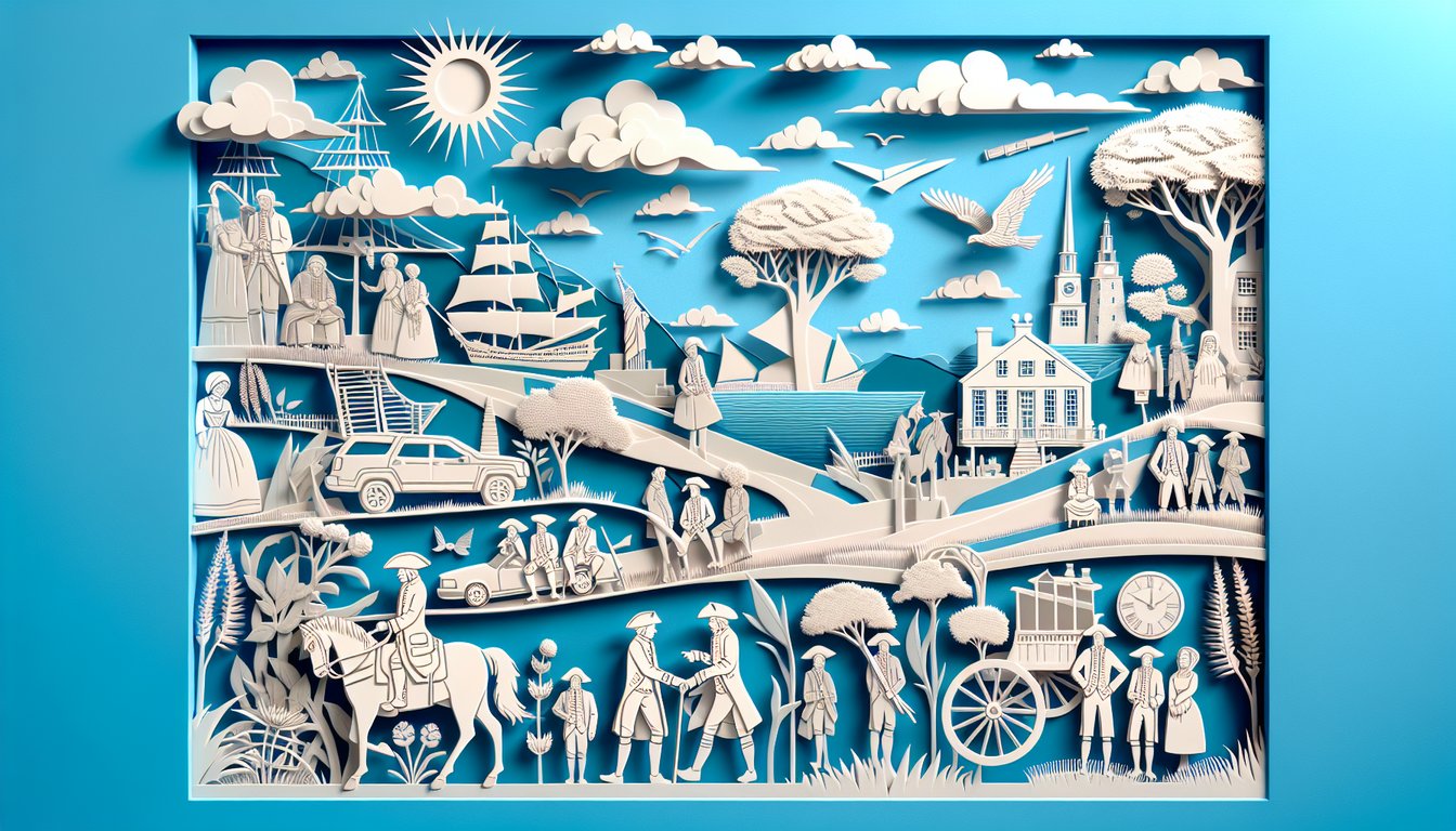 Layered paper art shows open book timeline from quill and colonial hat to typewriter and modern novel on sky blue background