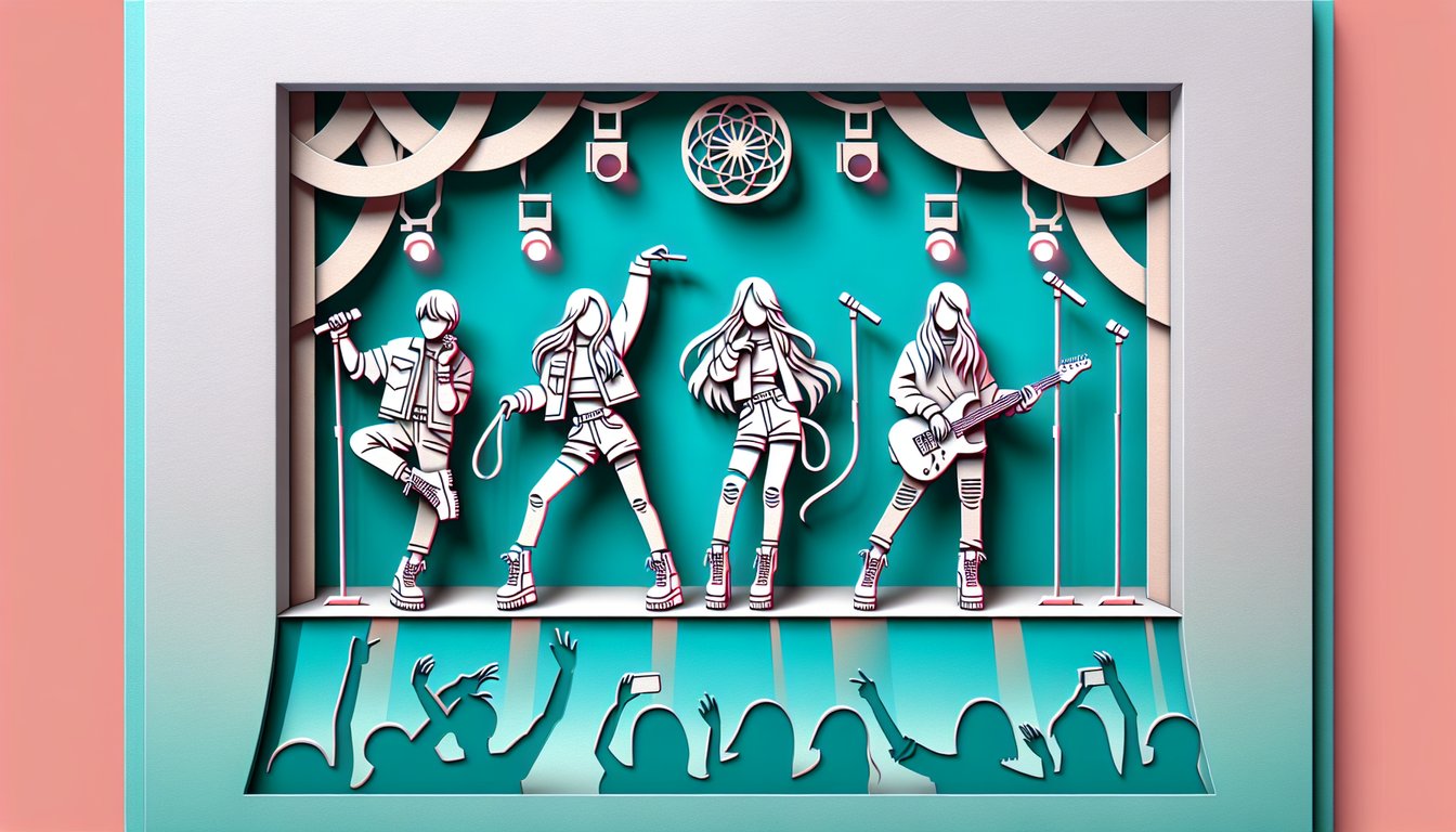 K-Pop themed paper art illustration for a personality quiz on a teal background
