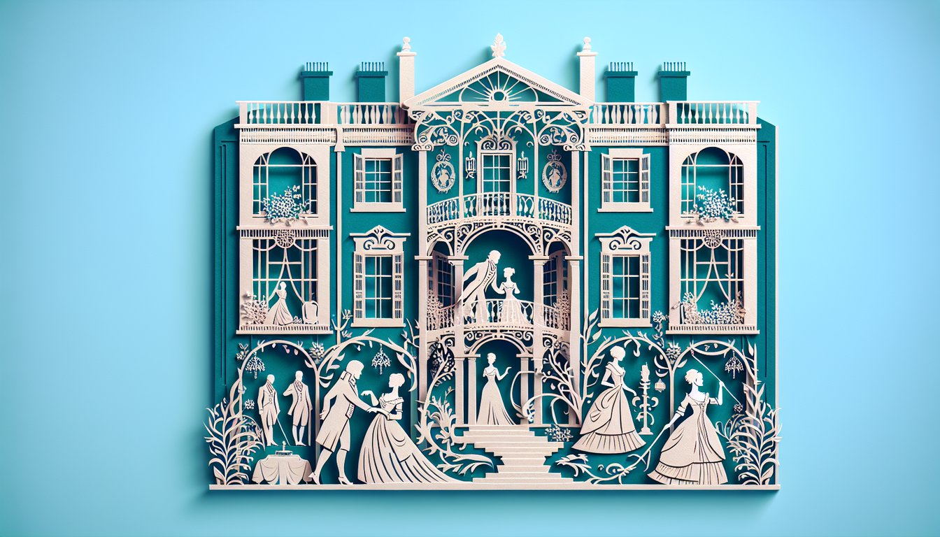 Paper art illustration for Pride and Prejudice character quiz on a teal background
