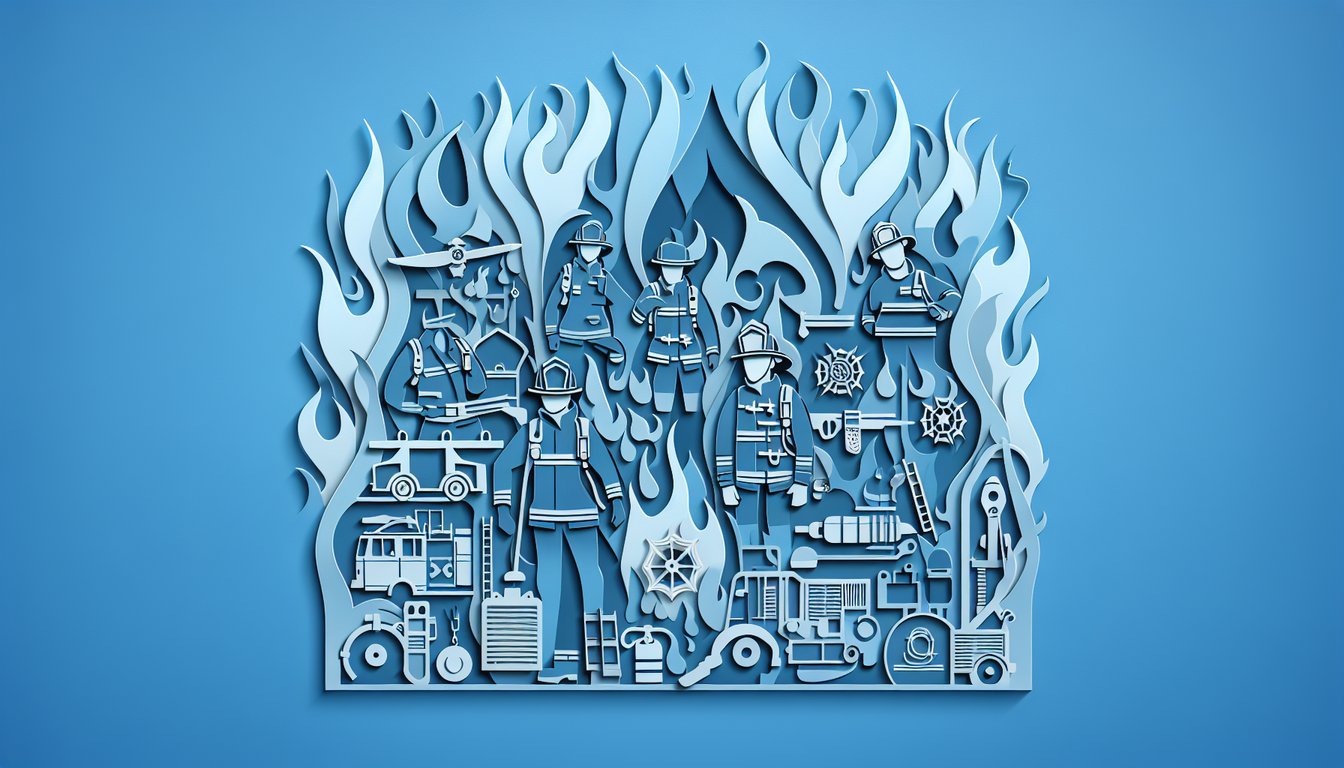 paper art style illustration for fire force personality quiz featuring flame hero silhouettes on sky blue background.
