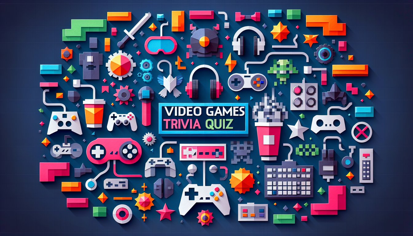 Colorful paper art depicting elements related to a Video Games Trivia Quiz.