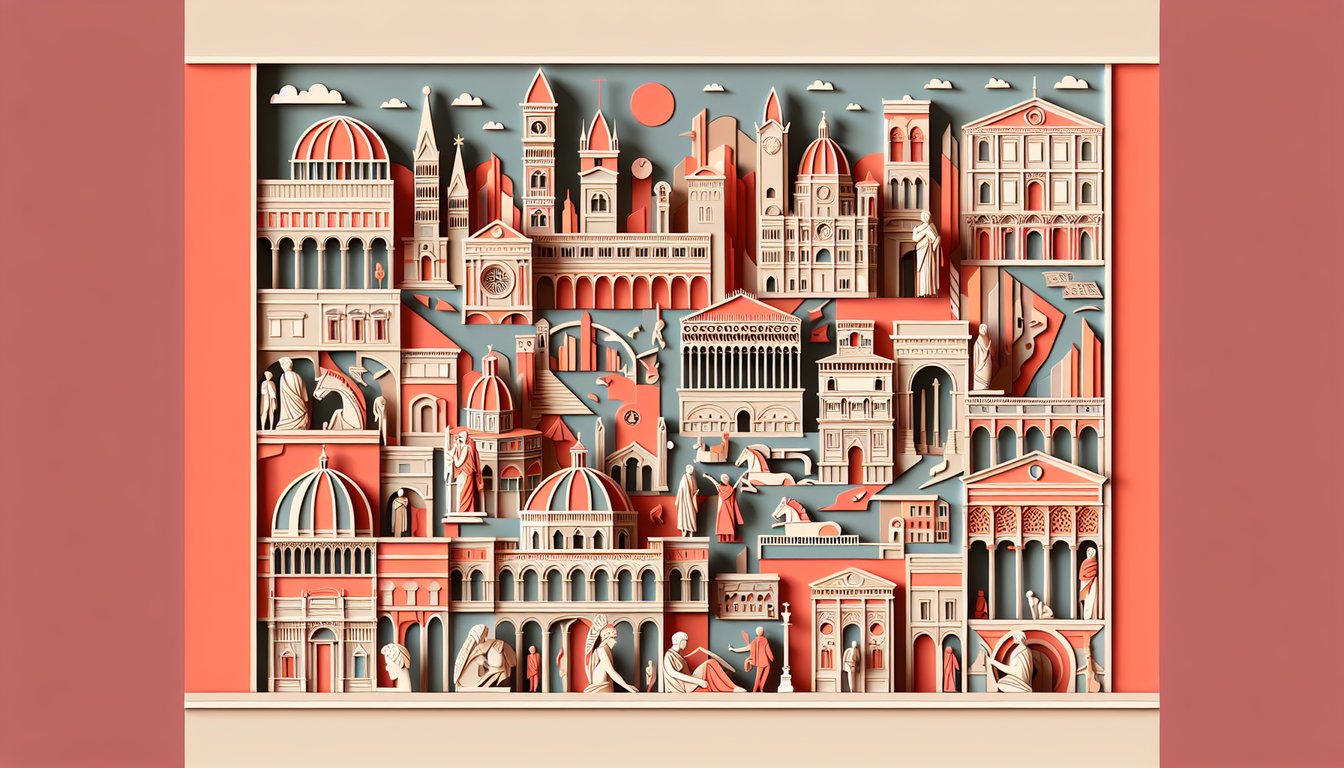 paper art collage of column fragment, artist palette, and quiz title Early Renaissance art history on coral background