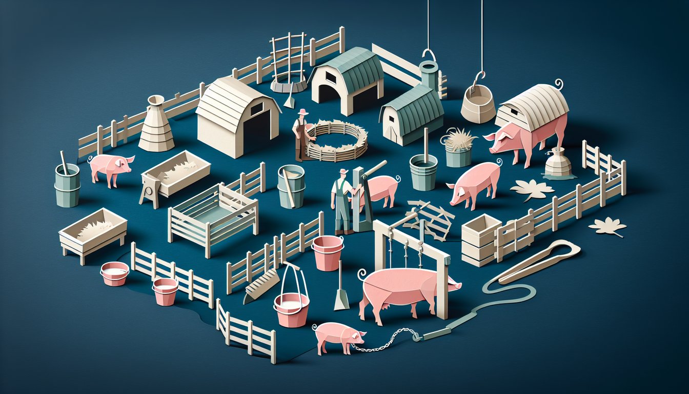 Colorful paper art displaying various elements related to pig husbandry for a knowledge quiz.