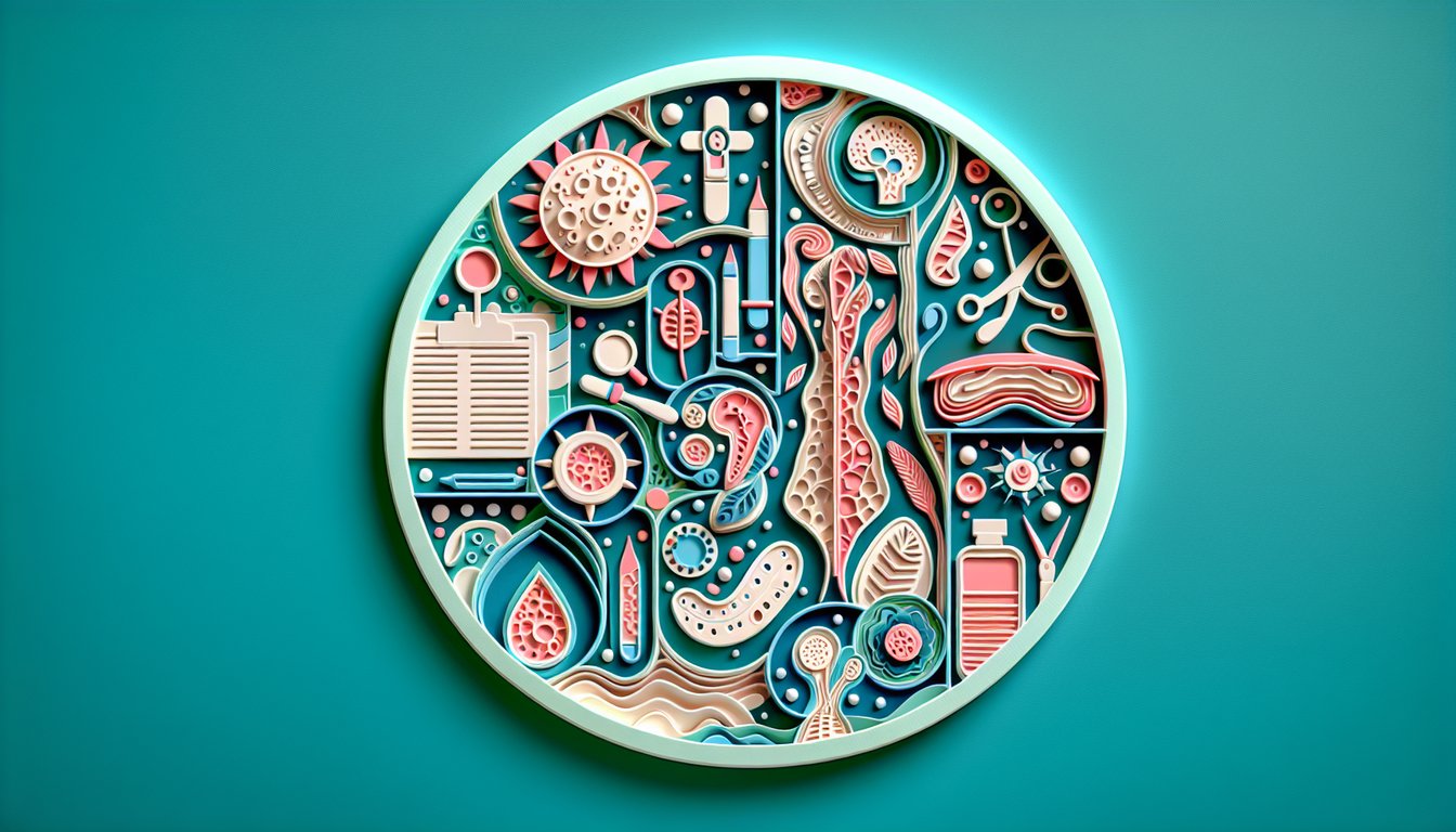 Paper art illustration for integumentary system quiz on teal background
