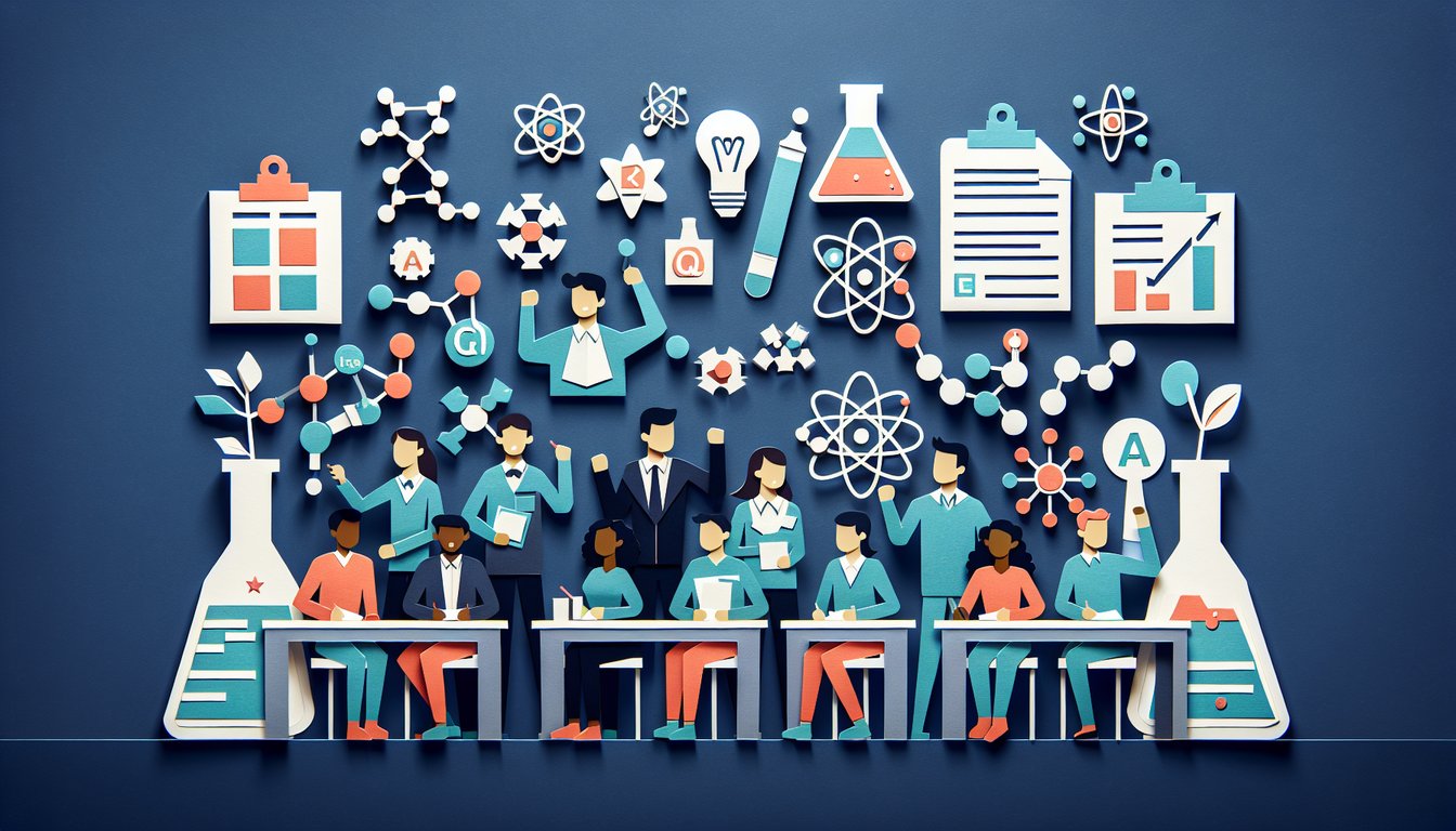 Paper art depicting a trivia game show for high school students testing their chemistry knowledge