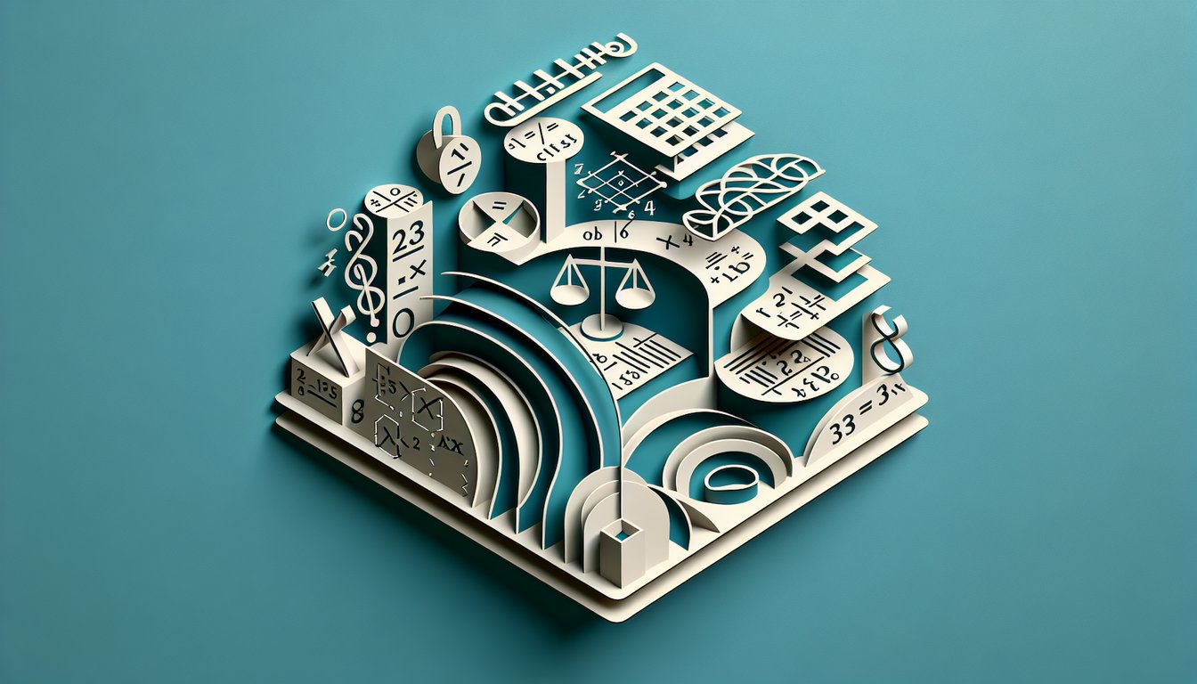 Paper art illustration of algebra inequalities geometry tools for free grade 7-10 math quiz on teal background