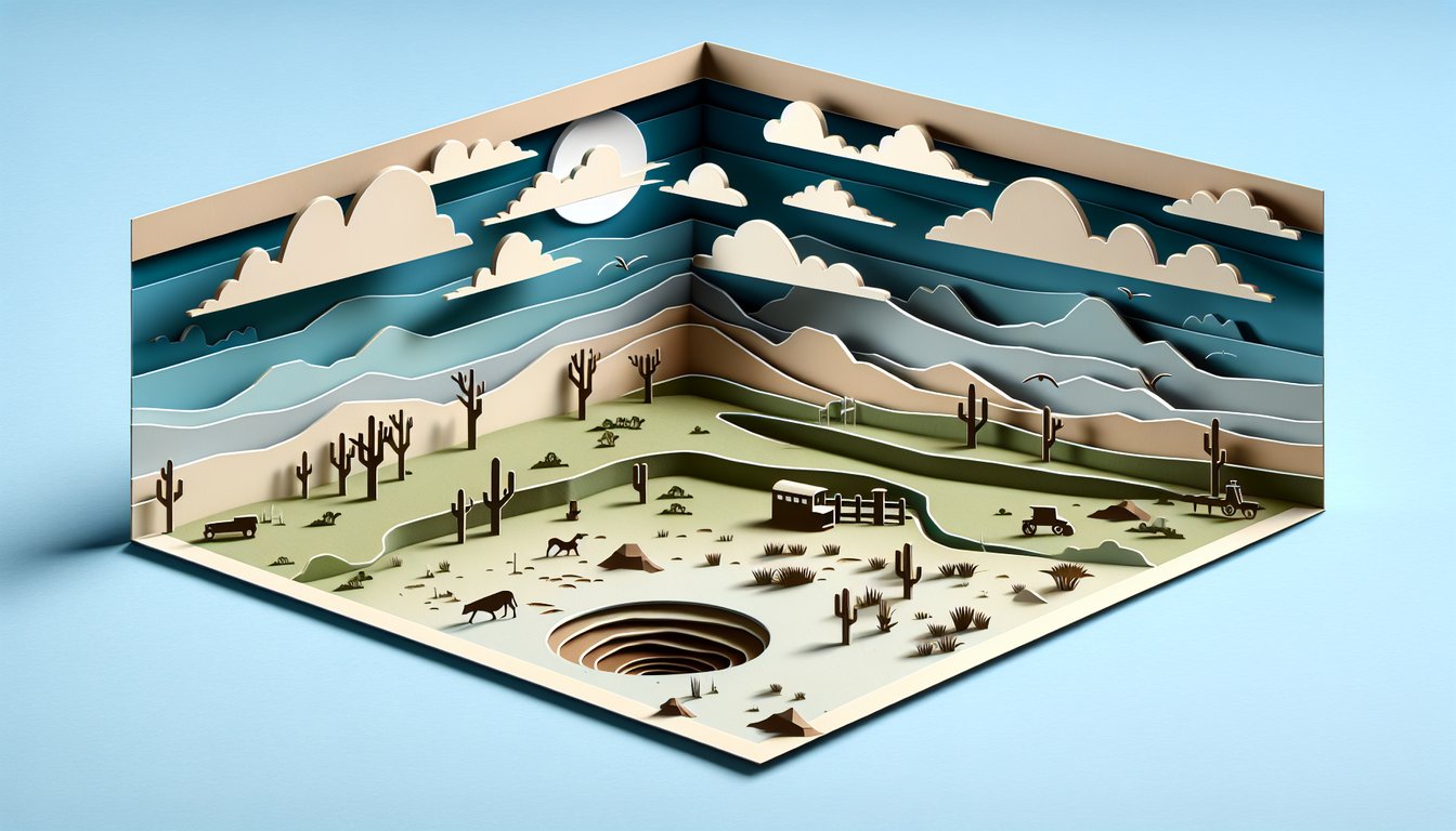 Paper art for Holes Part 1 quiz with Camp Green Lake icons plot twists secrets on sky blue background