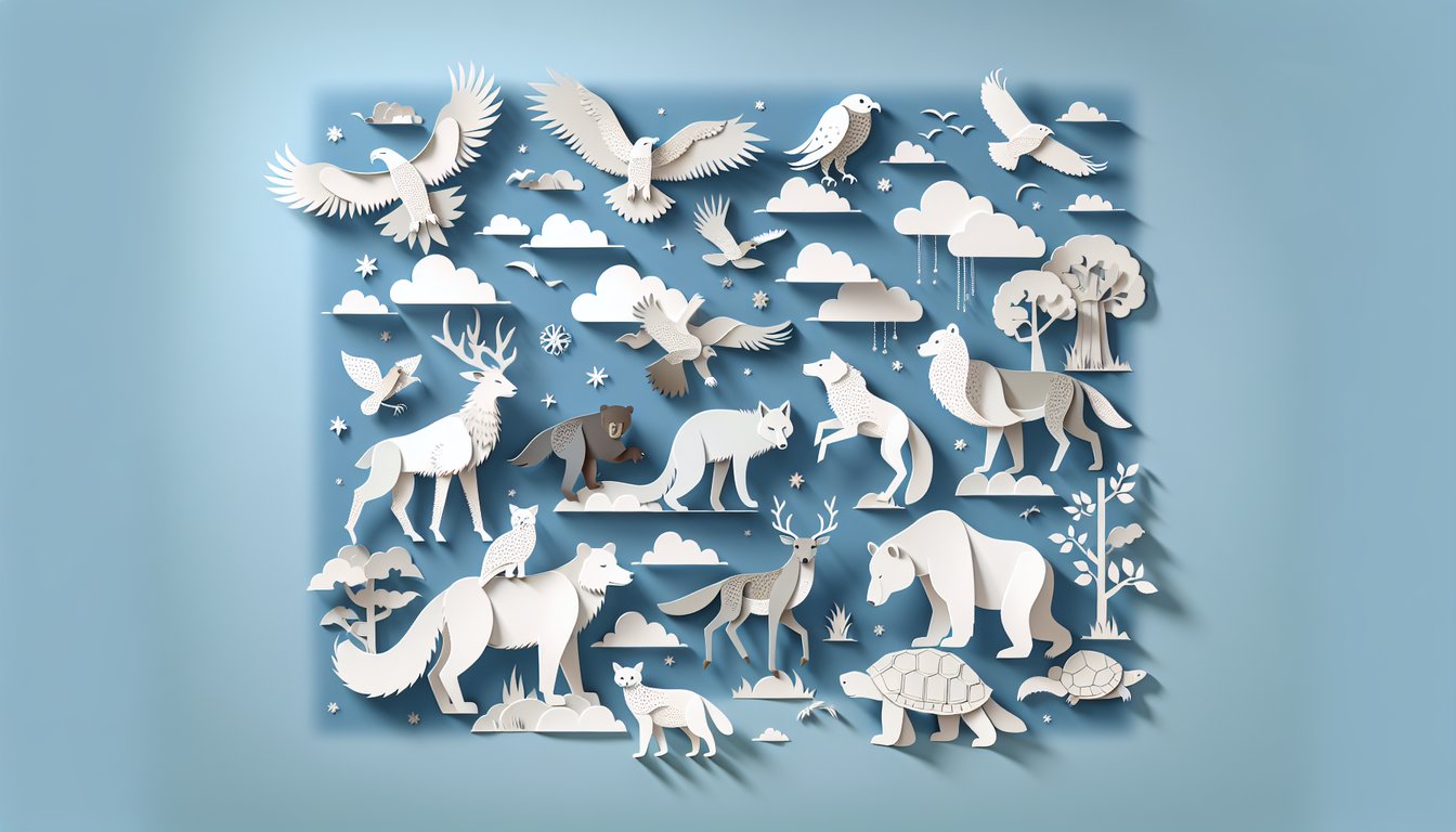 Paper art collage with stylized animal silhouettes leaves and shapes on sky blue background inviting spirit animal quiz
