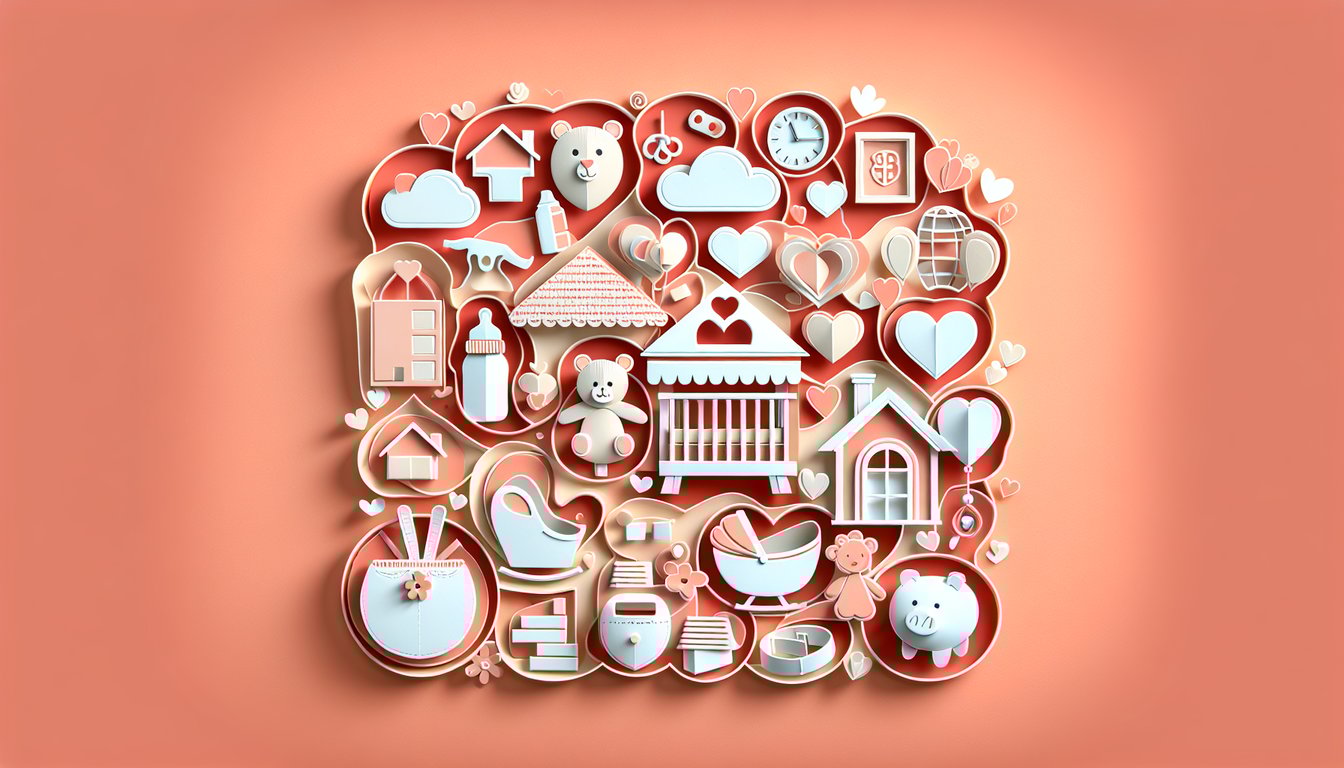 Paper art illustration of stork carrying baby clothes coins and calendar symbols on coral background for readiness quiz.
