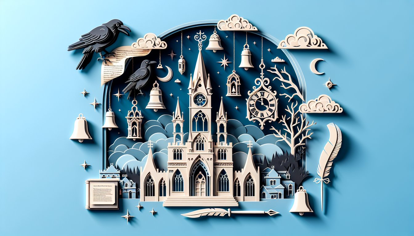 Paper cut illustration of bells and feather quill on sky blue background for Poes The Bells quiz