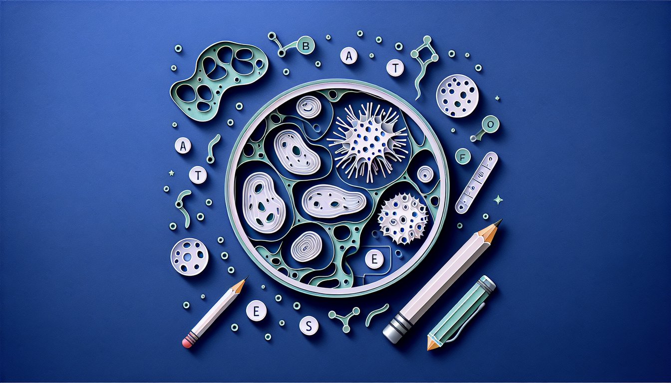 Colorful paper art promoting Cell Parts Challenge quiz for middle school biology students.