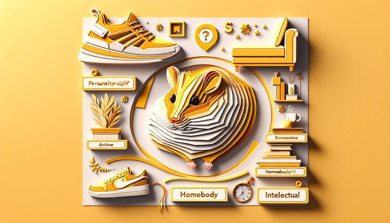 Paper art hamsters and quiz text on golden yellow background invites finding cutest hamster breed for lifestyle and kids.