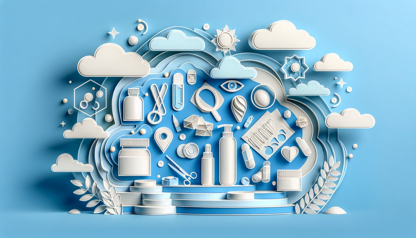 Paper art rash icons and free quiz prompt on sky blue background