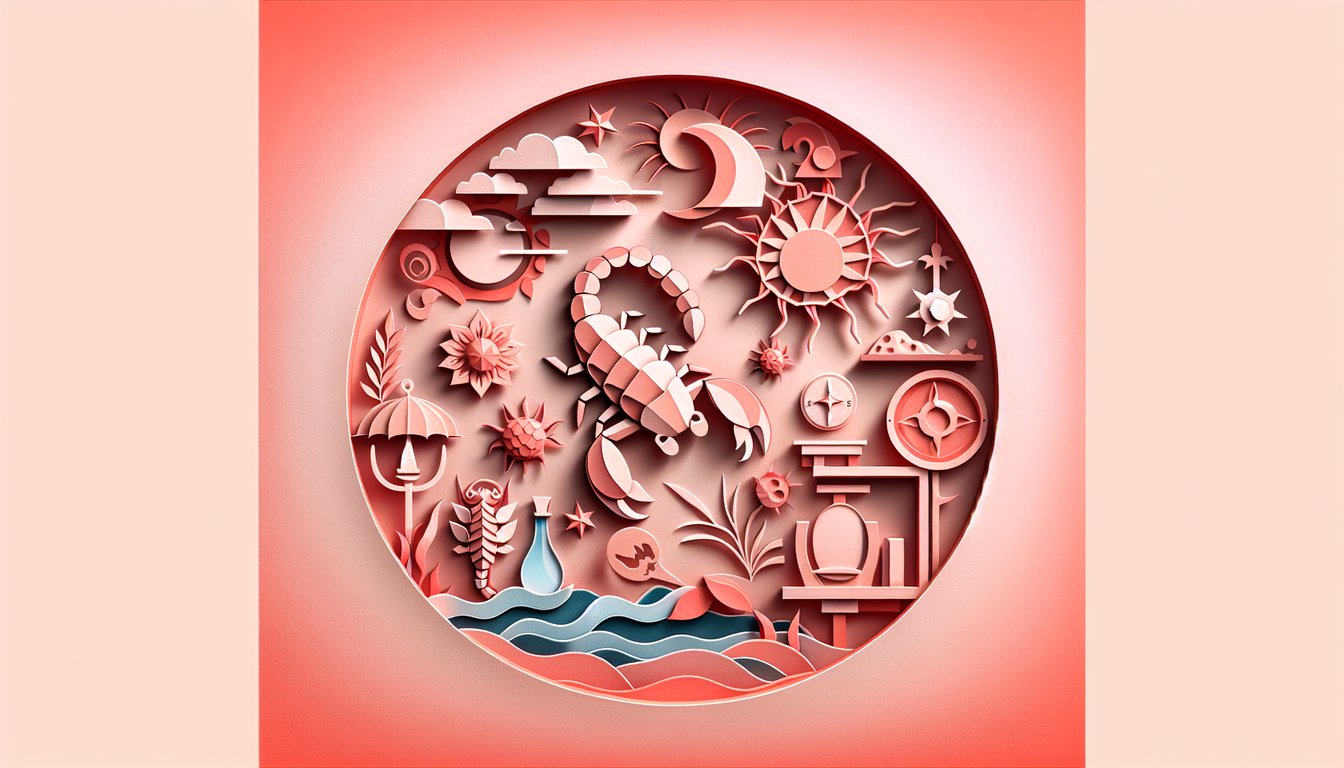 Paper art scorpion, zodiac icons on coral background, bold Scorpio trivia challenge title