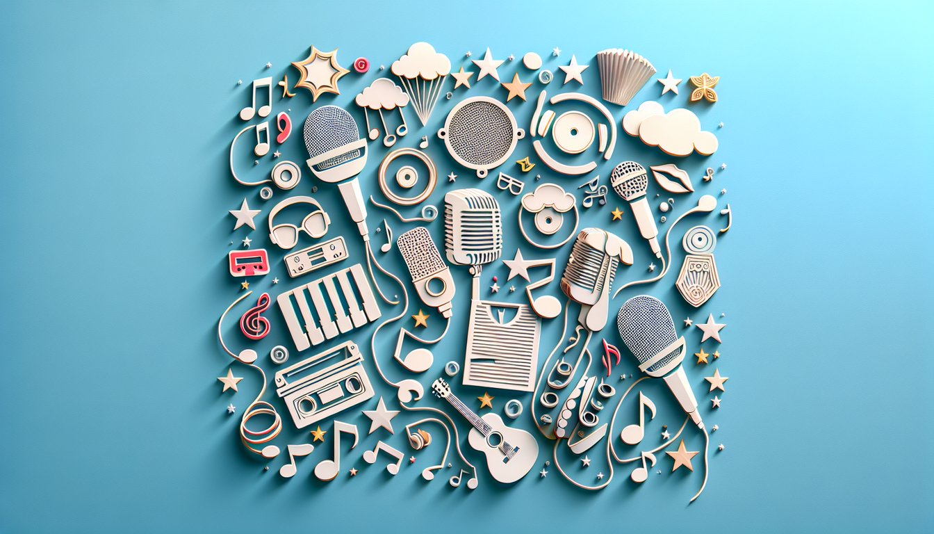 Paper art collage of microphone headphones vocal notes and quiz about finding your singing idol on sky blue background