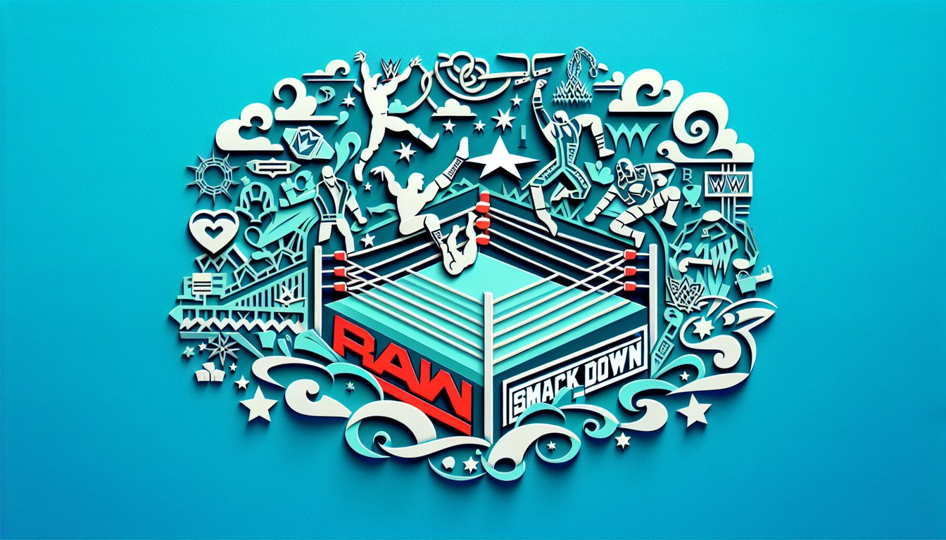 Paper art wrestling belts and logos on teal background, inviting viewers to take WWE Brand Quiz discover wrestling spirit
