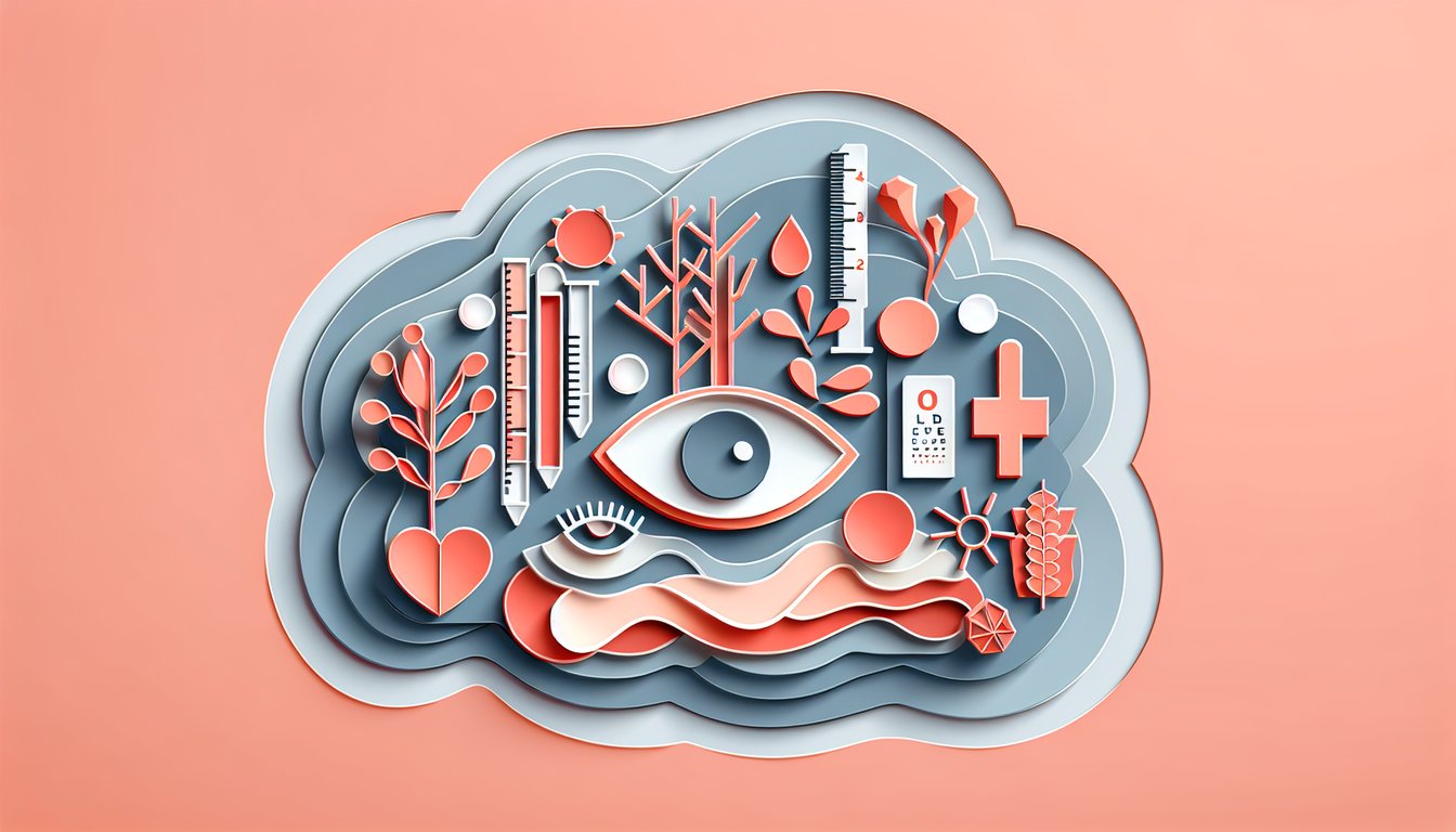 Paper art quiz scene with test sheets and eye motifs for Sjogrens Syndrome dry eye lupus screening on coral background