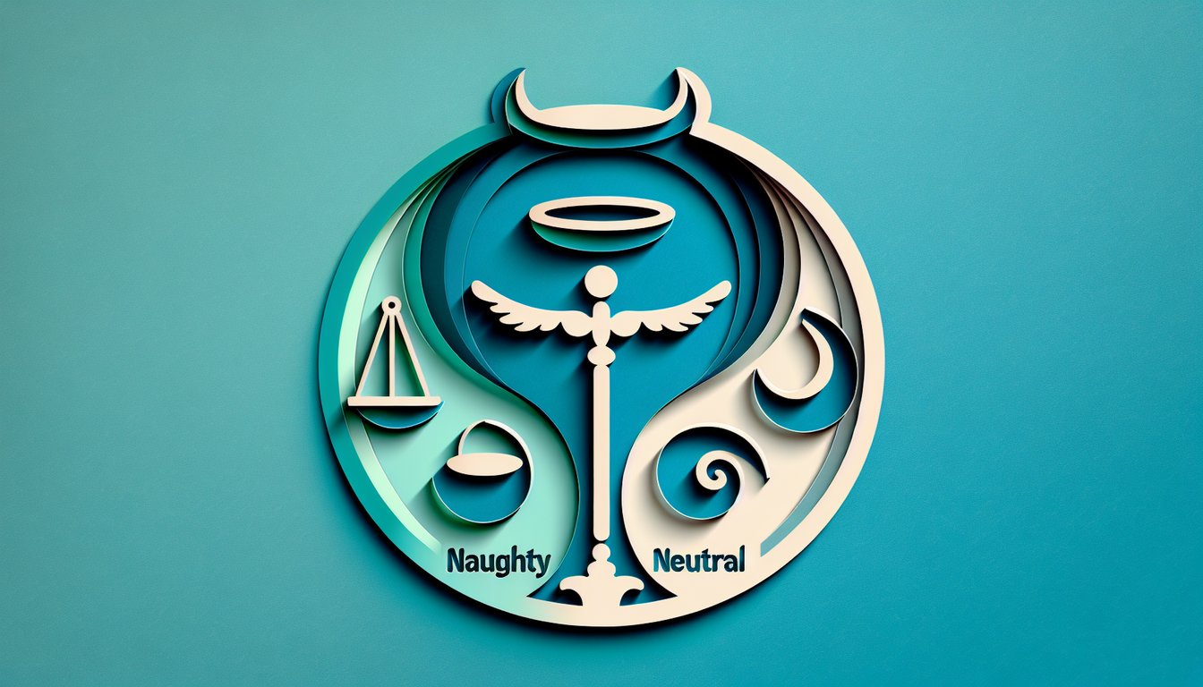 Paper cut art showing playful devil mask, angel halo, neutral mask on teal background representing naughty, neutral, nice quiz