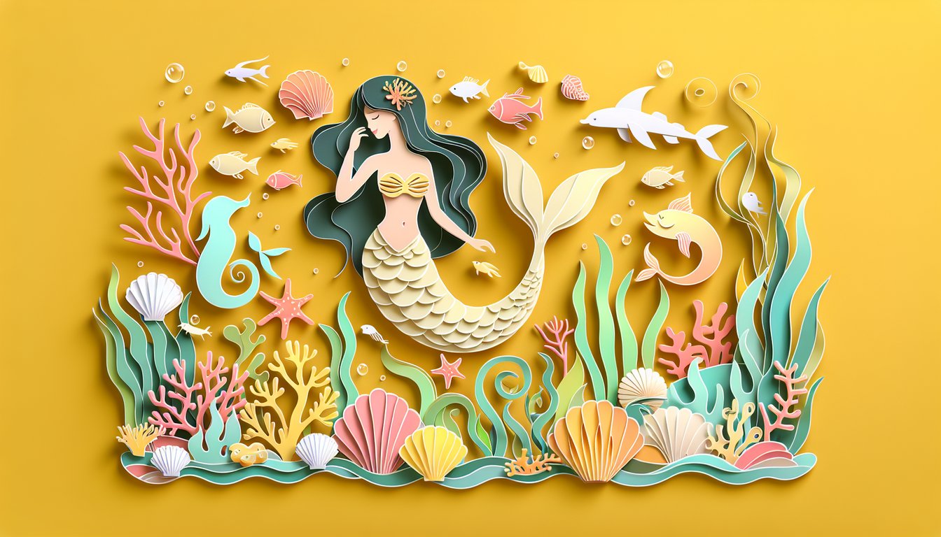 paper art mermaid with sea shells starfish and waves on golden yellow background inviting playful mermaid name quiz