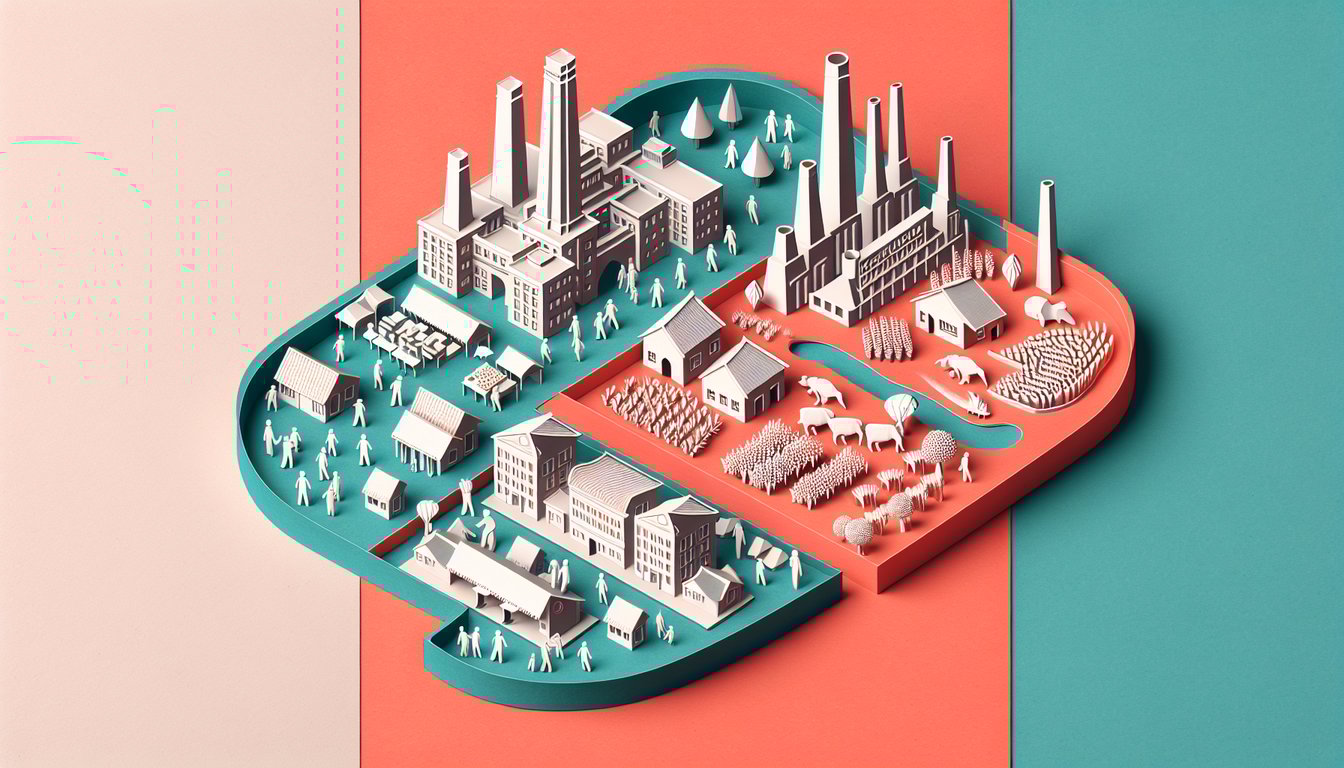Paper art icons scales gear coins chart showing market, command, traditional economies on coral background
