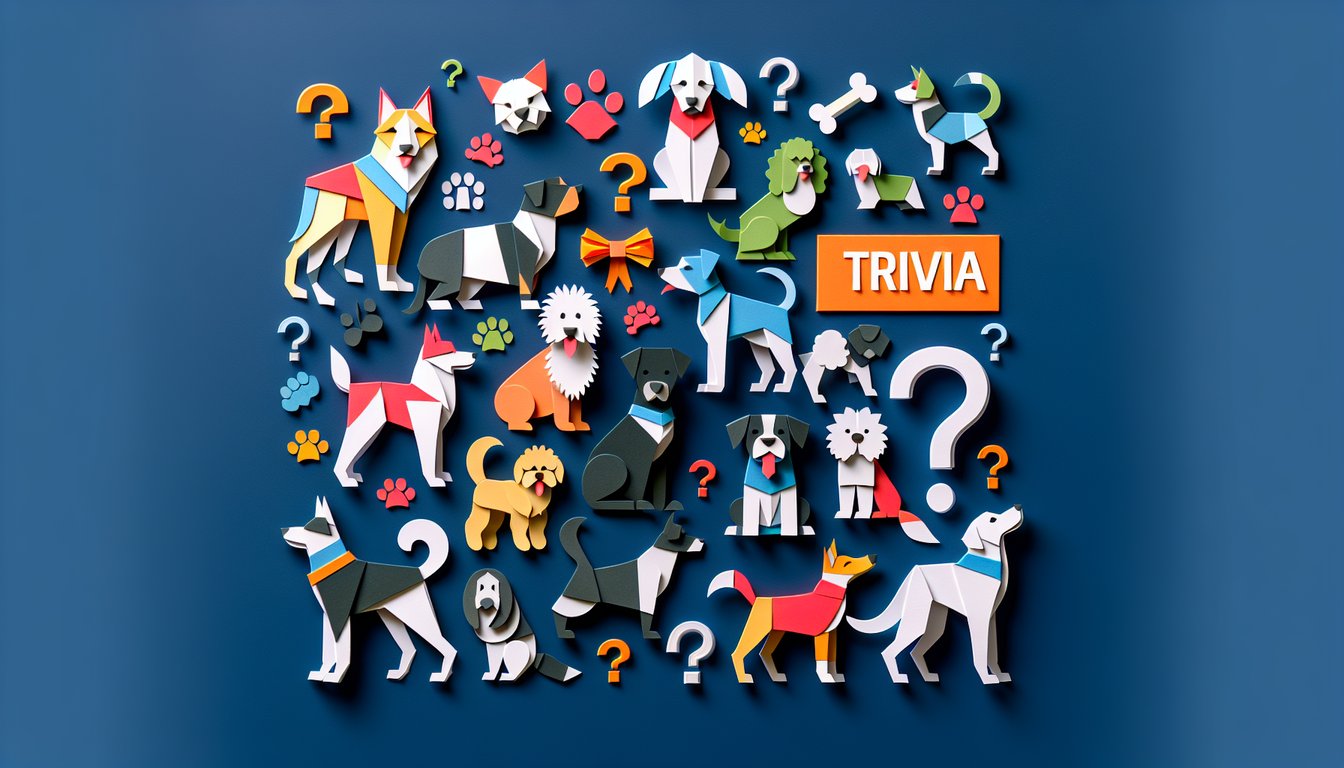 Colorful paper art depicting various dog breeds for a breed identification quiz.