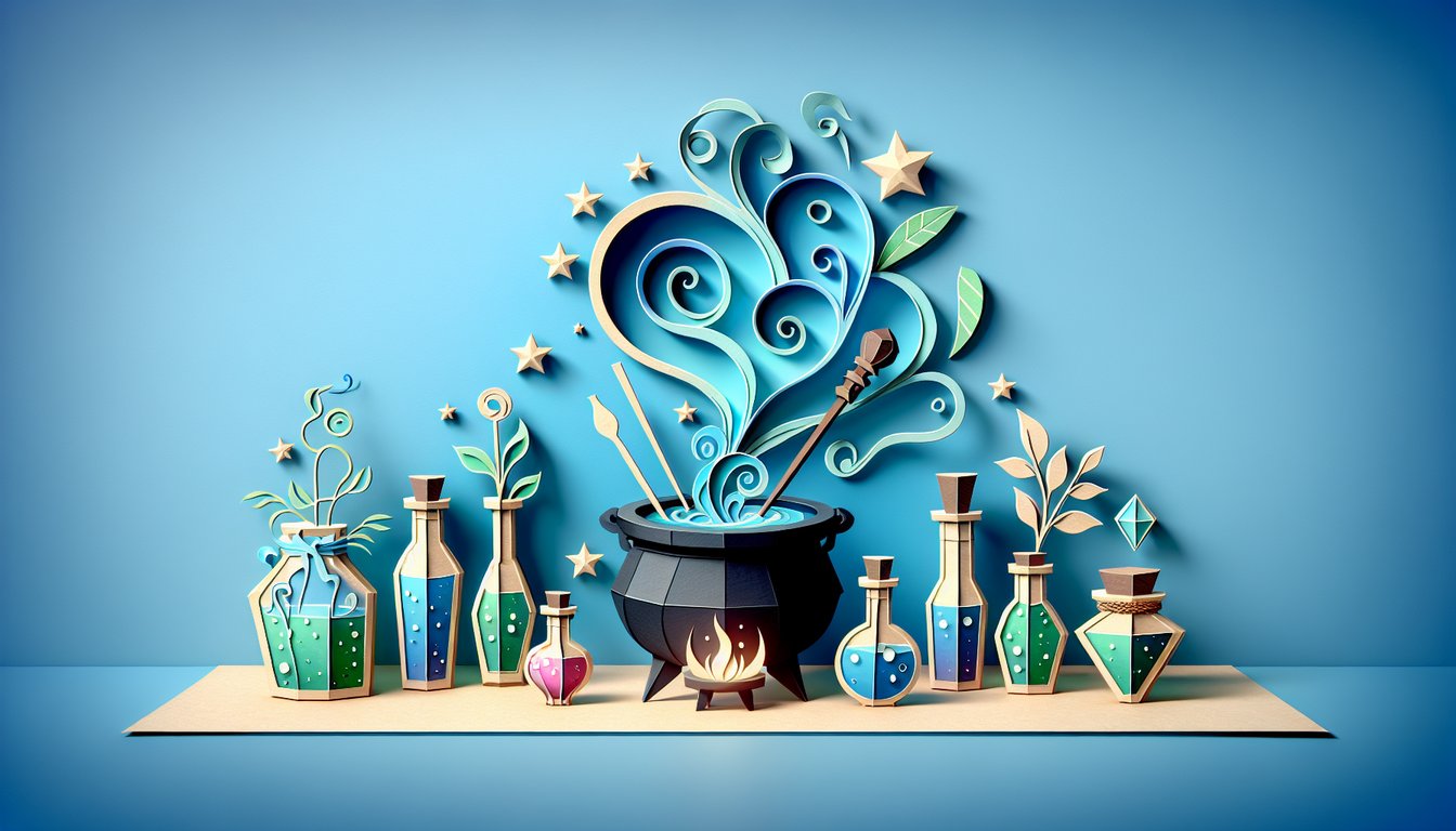 Paper art potions vials mortar pestle on sky blue background inviting Hogwarts potions quiz