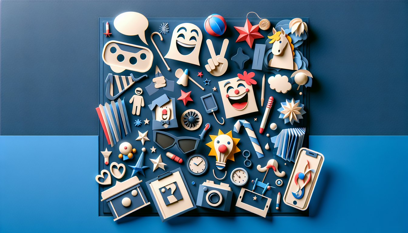 Paper art illustration with playful shapes and quiz prompt on dark blue background inviting silliness