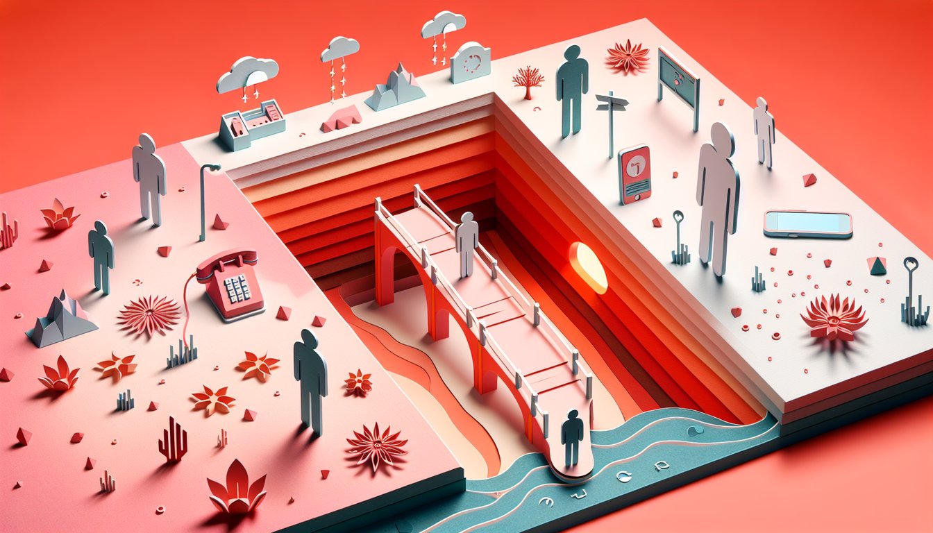 Paper art illustrating loneliness quiz on a coral background