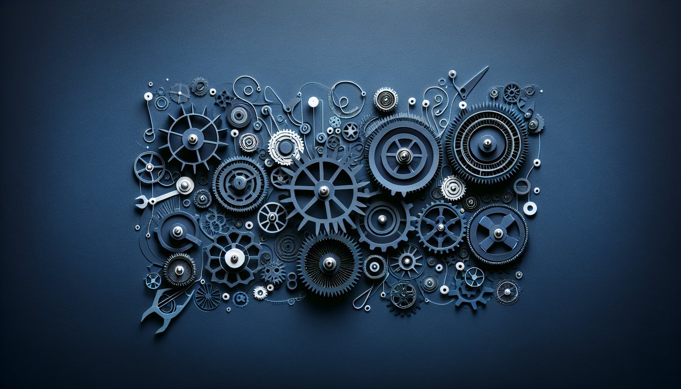 Colorful paper art depicting gears and tools for Mechanical Power Transmission Knowledge Test quiz