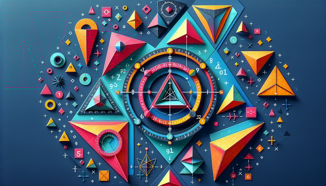 Colorful paper art promoting The Triangle Center Challenge Quiz for geometry students