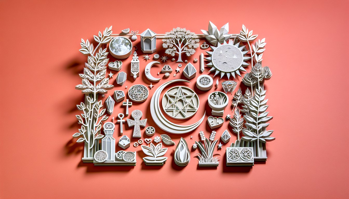 Paper art illustration of pagan and Wiccan symbols including moon star herbs crystals with coral background for belief quiz