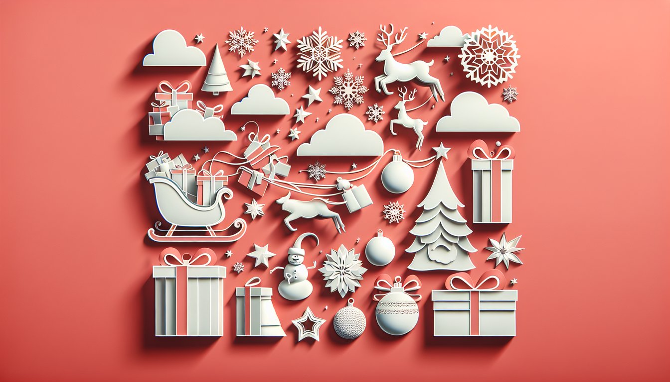 Paper art illustration for Christmas gift finder quiz on a coral background