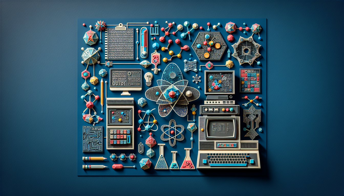Colorful paper art displaying various chemical structures for a Computational Chemistry quiz