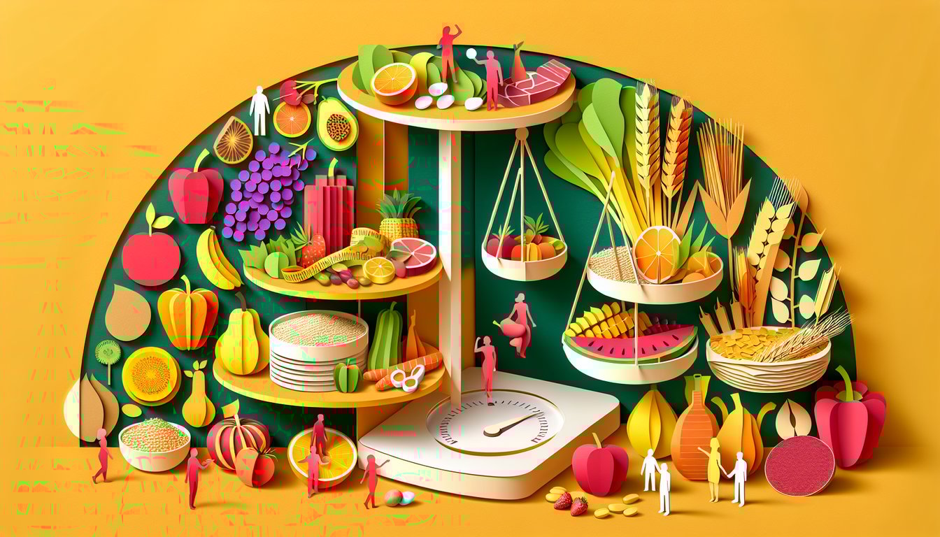Paper art style balanced diet quiz graphic with fruits vegetables grains, portions on yellow background