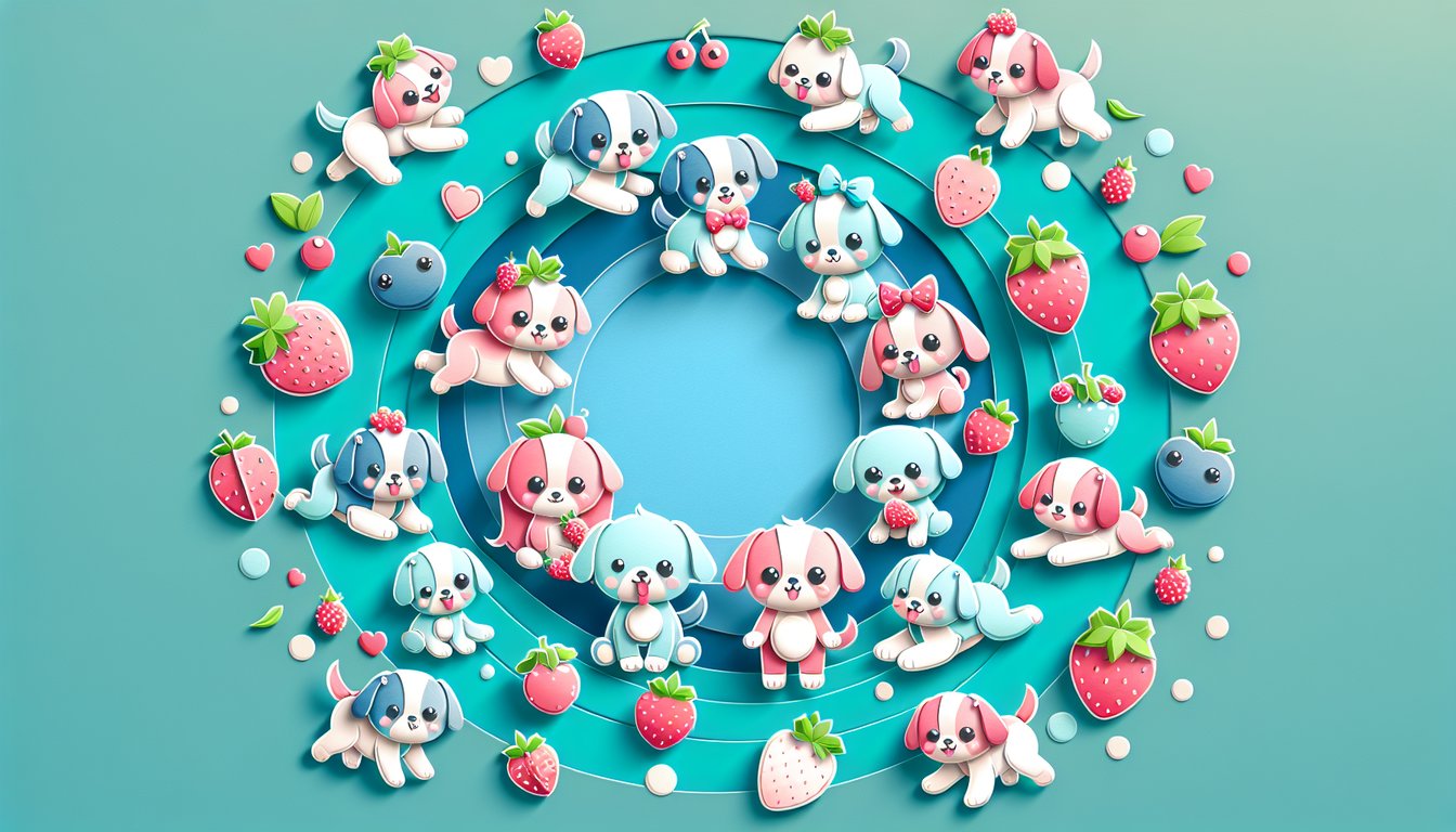 Paper art Strawberry Shortcake puppy quiz illustration on teal background with playful puppy cutouts