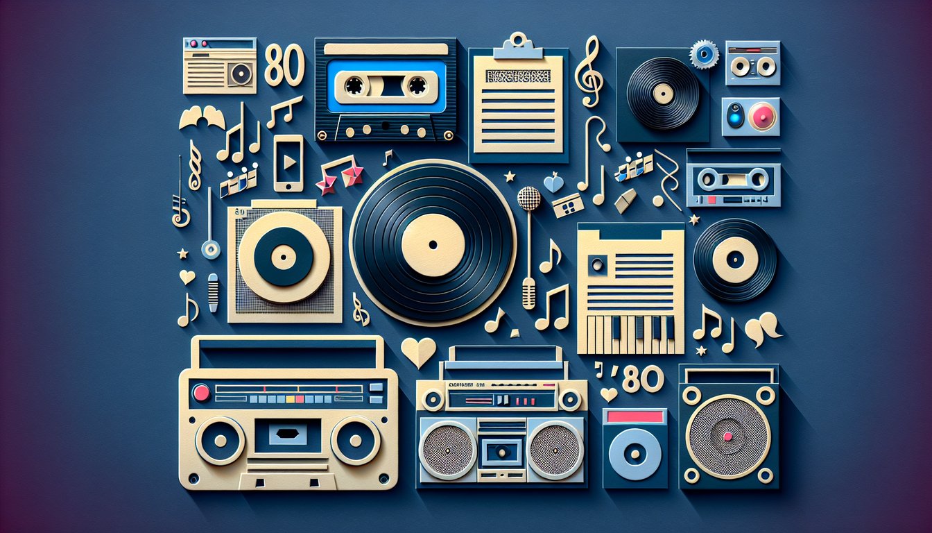 Colorful paper art depicting elements related to 80s music for a trivia quiz
