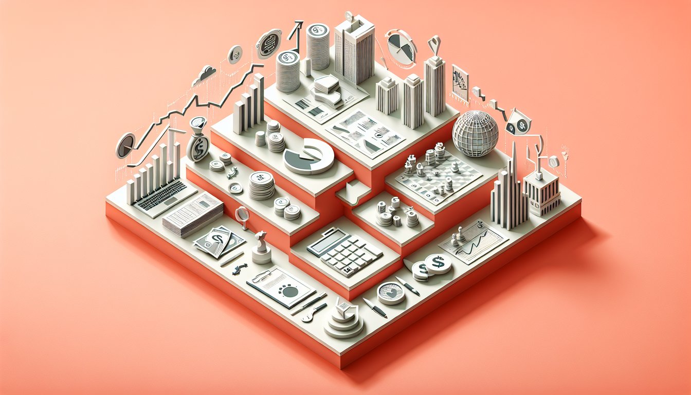 Paper art style quiz graphic featuring business icons charts briefcase dollar sign and question mark on coral background