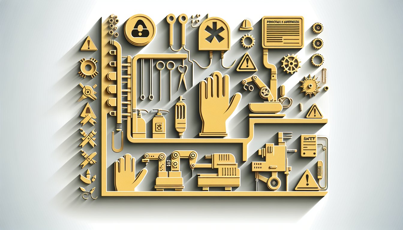 Paper art illustration of hands near mechanical gears showing pinch point hazard on golden yellow background safety quiz