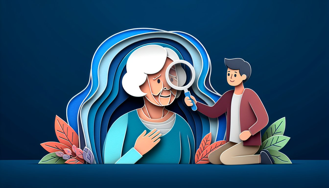 paper art style grandma head with hearts and question marks above quiz card on dark blue background