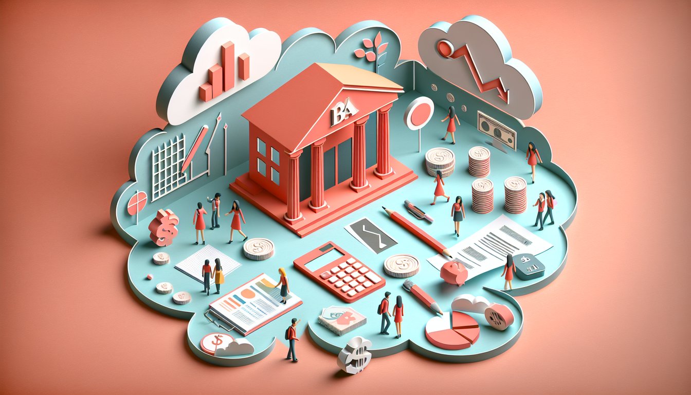 paper art illustration of quiz with financial literacy icons for high school budgeting taxes on coral background