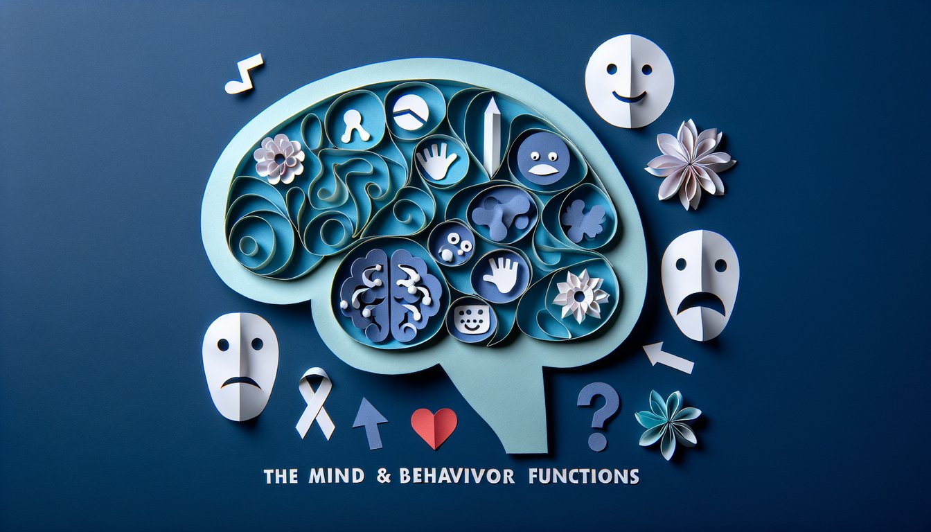 Colorful paper art promoting a Mind and Behavior Functions trivia quiz for psychology students.