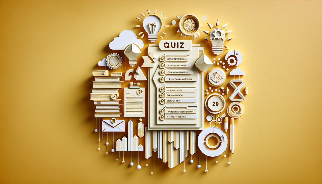 ilustracion en papel para cuestionario ISO 9001 preguntas 20 items para medir dominio de la norma fondo amarillo oro