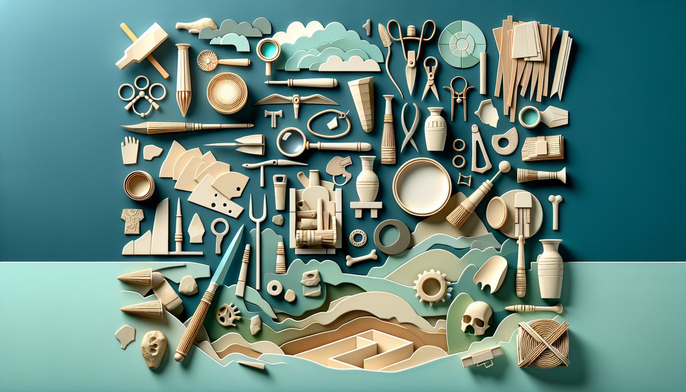 Paper art illustration of ancient pottery fragments shovels magnifying glass and quiz title on teal background